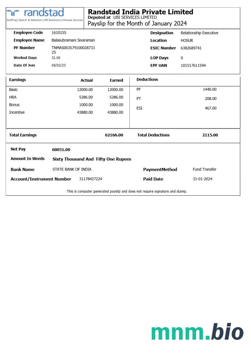Szablon odcinka wypłaty Randstad India w formatach Word i PDF